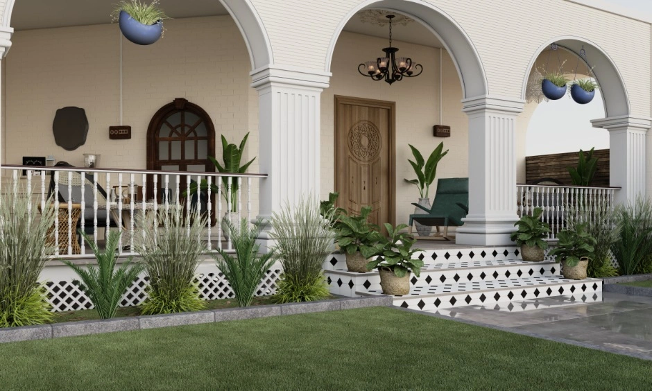 Traditional bungalow with a spacious verandah, low-profile railing and tiled steps.