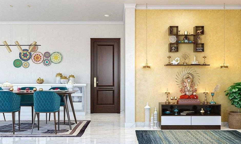 Compact pooja room layout positioned thoughtfully within the open common living area of a modern apartment.