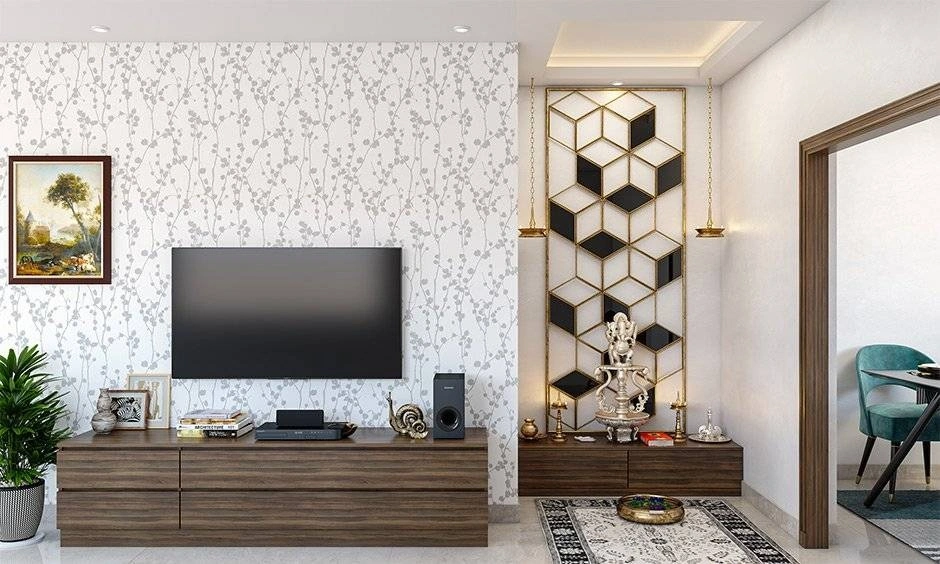 Luxurious pooja room layout for apartment living featuring a glowing gold accent wall and sleek marble prayer platform.
