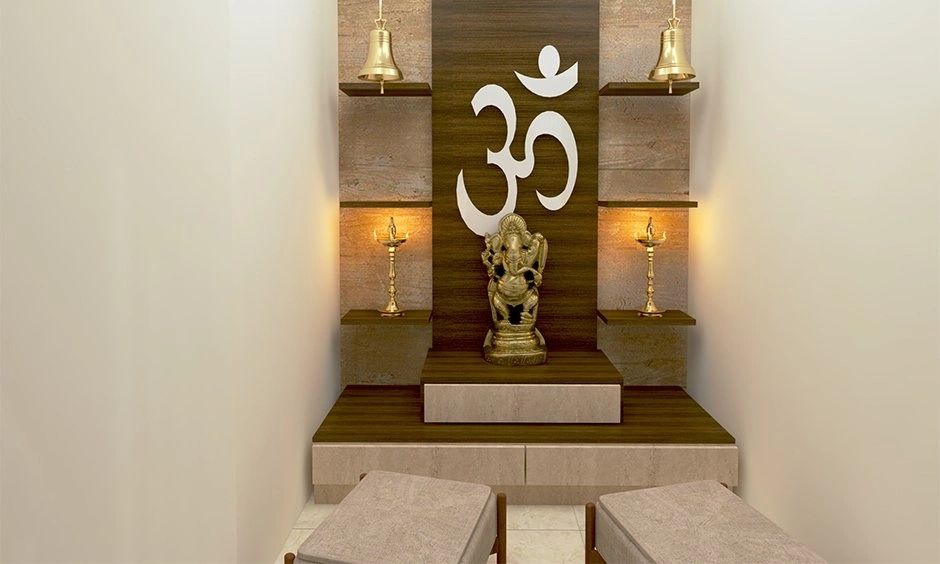 Pooja room featuring an Om symbol carved into the central area.