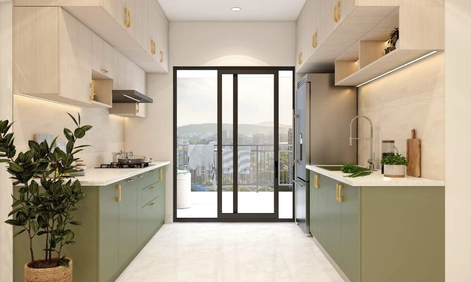 Small galley kitchen which has two parallel kitchen countertops with cabinets and appliances