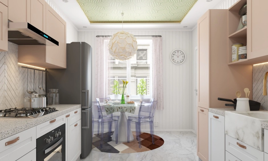 Small galley kitchen’s colour, material and finish that create an illusion of a big space