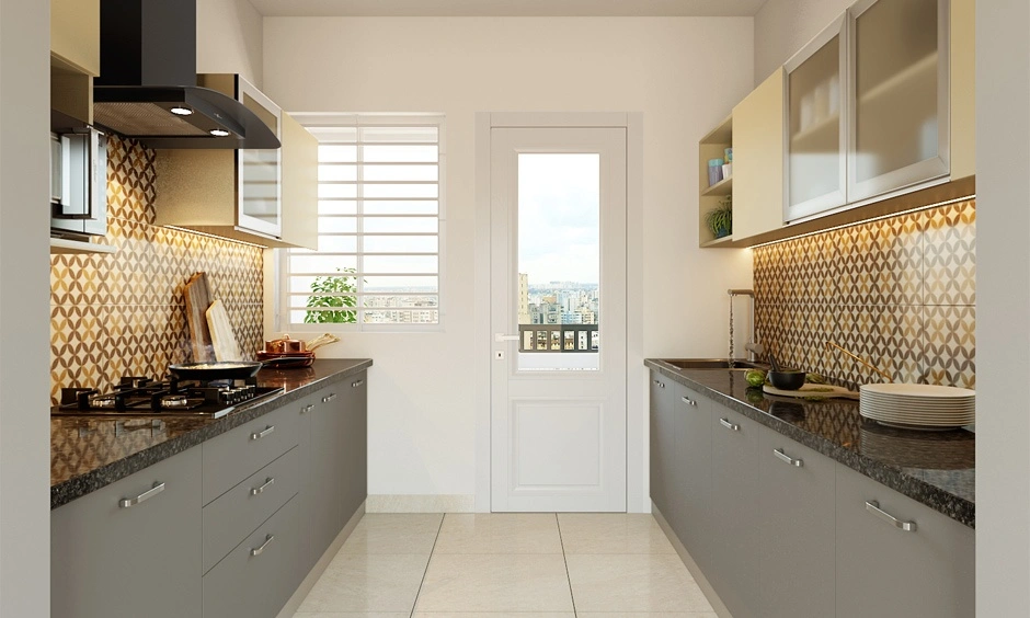 Cost-effective small galley kitchen featuring simple cabinetry and practical