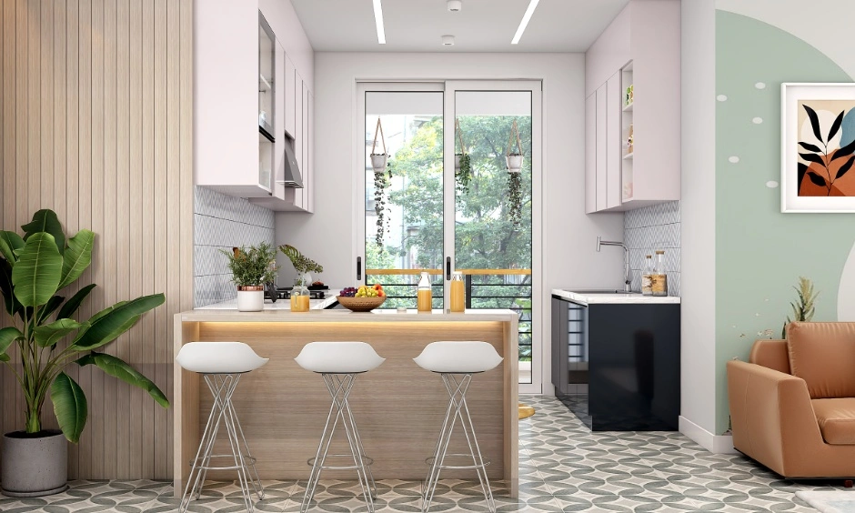 Modern small galley kitchen with a breakfast counter, parallel layout, and space-saving storage solutions.