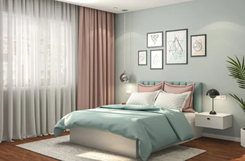 Sky blue walls and blush accents create a calm, elegant bedroom.
