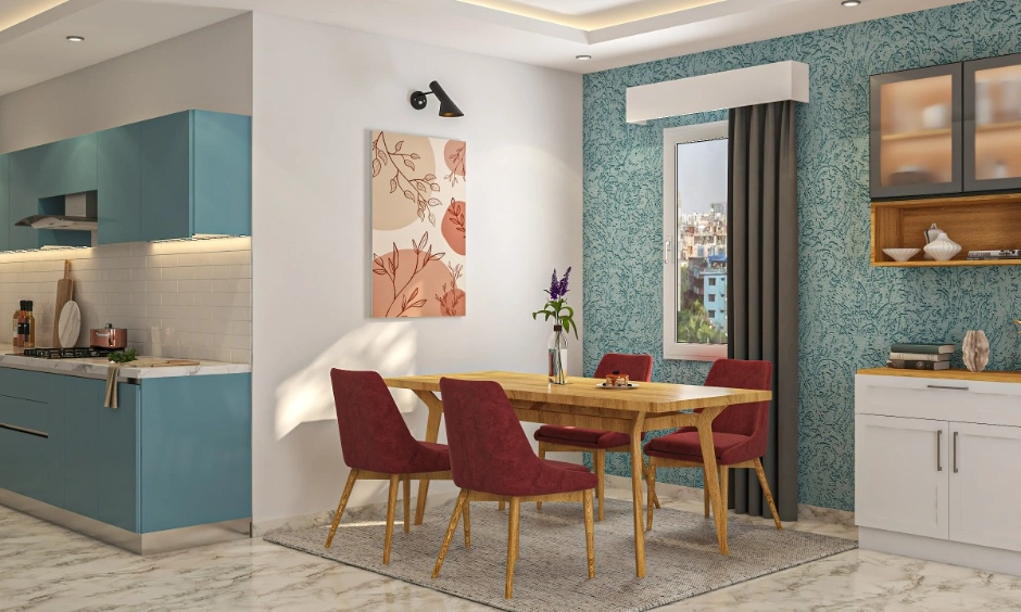 Sky blue features across the kitchen and dining room in this coordinated home.