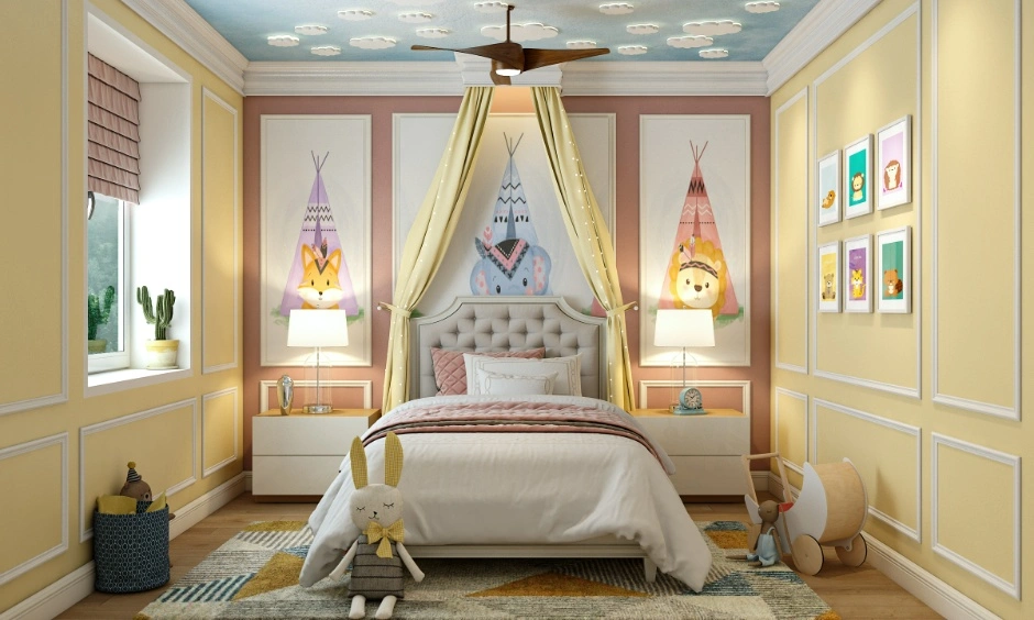 A soft sky blue ceiling adds a dreamy touch to this kids' bedroom