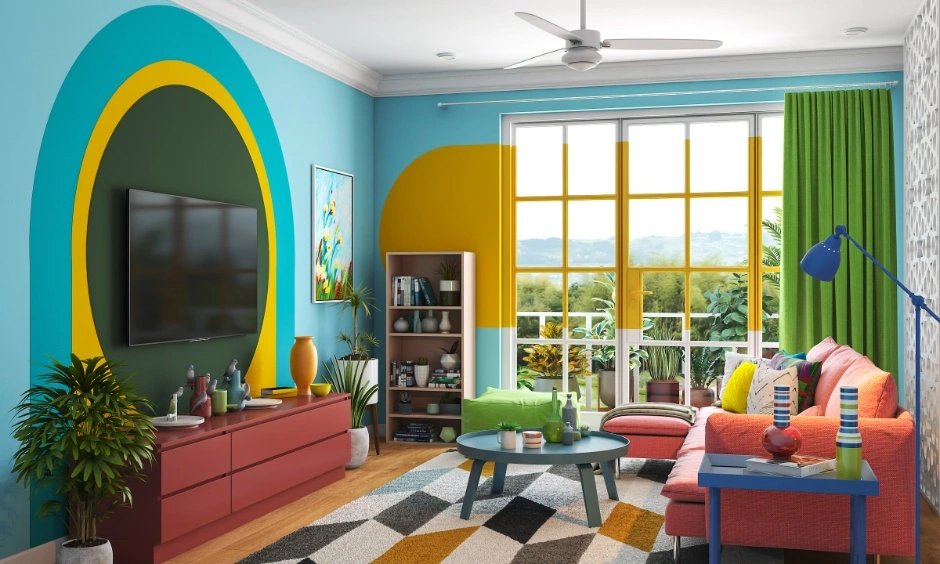 Sky blue walls paired with pink furniture create a vibrant living room.