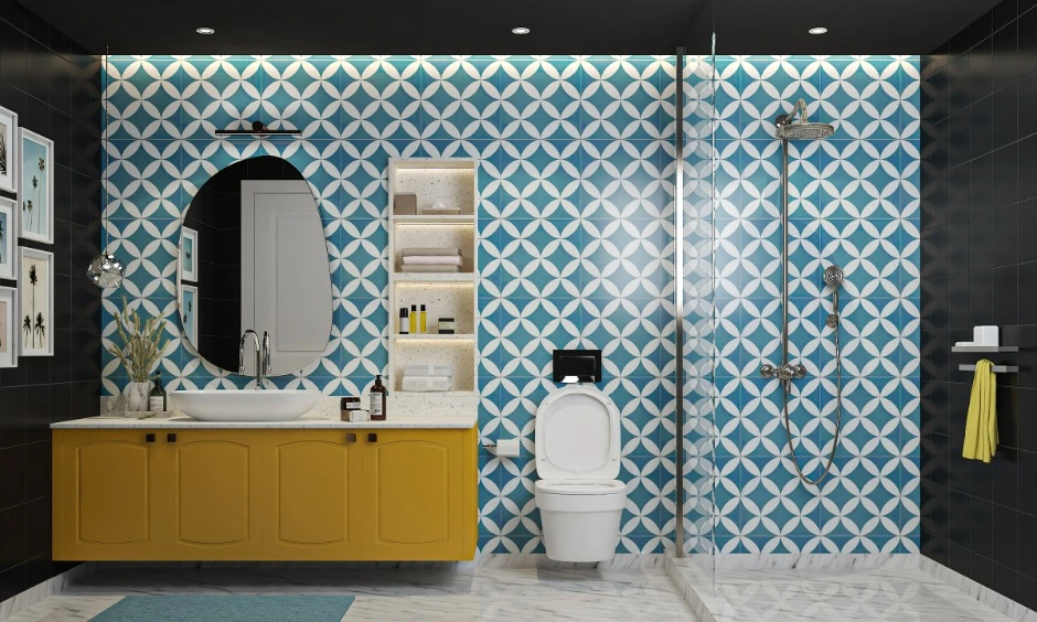 Sky blue patterned tiles brighten the bathroom with a fresh, coastal look.