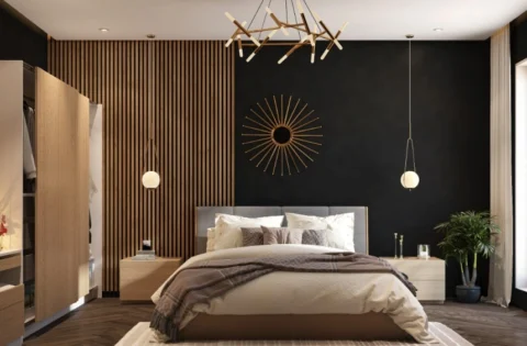A modern Noida bedroom combines warm wood, smart storage and layered lighting.