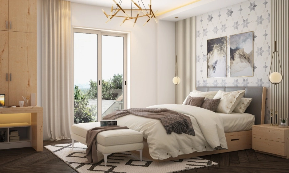 A soft modern bedroom uses warm wood and layered lighting for everyday comfort.