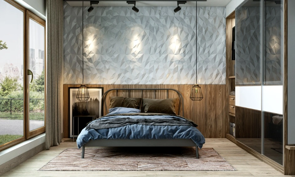 A textured wall behind the bed adds depth without overwhelming the compact bedroom.