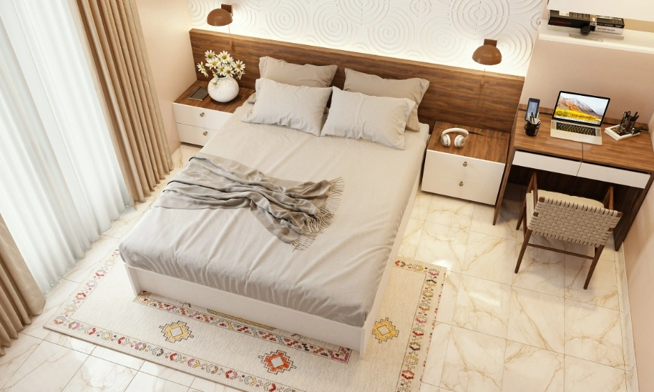 Wood, fabric and soft furnishings add subtle depth to this contemporary bedroom