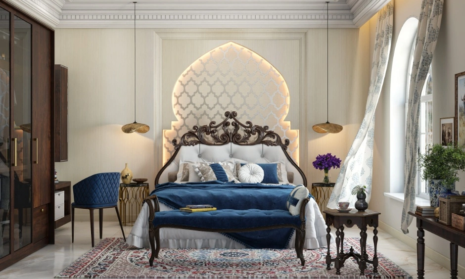 Rounded furniture creates softer edges and improves the relaxed feel of this bedroom
