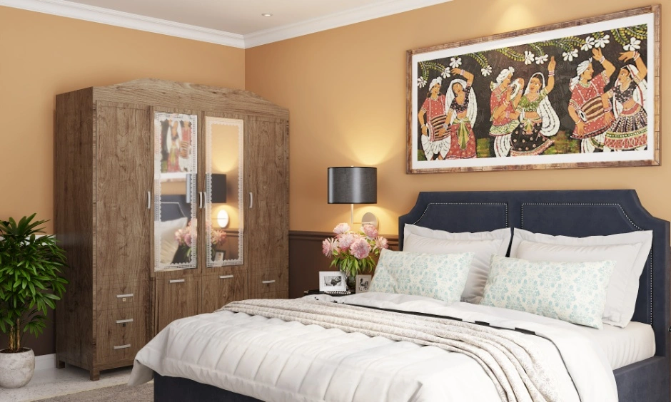 Heavy décor and matching furniture make this traditional bedroom feel less contemporary.