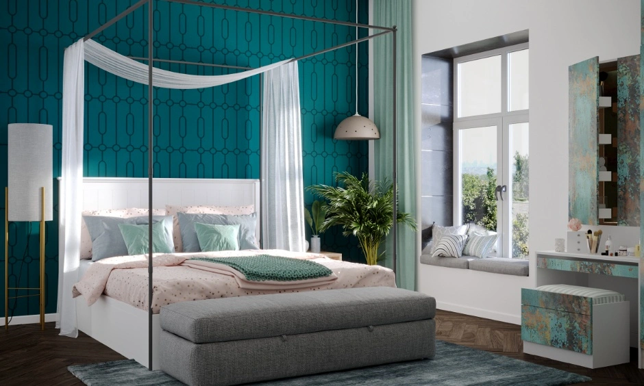 A premium bedroom combines custom storage, layered furnishings and detailed finishes.