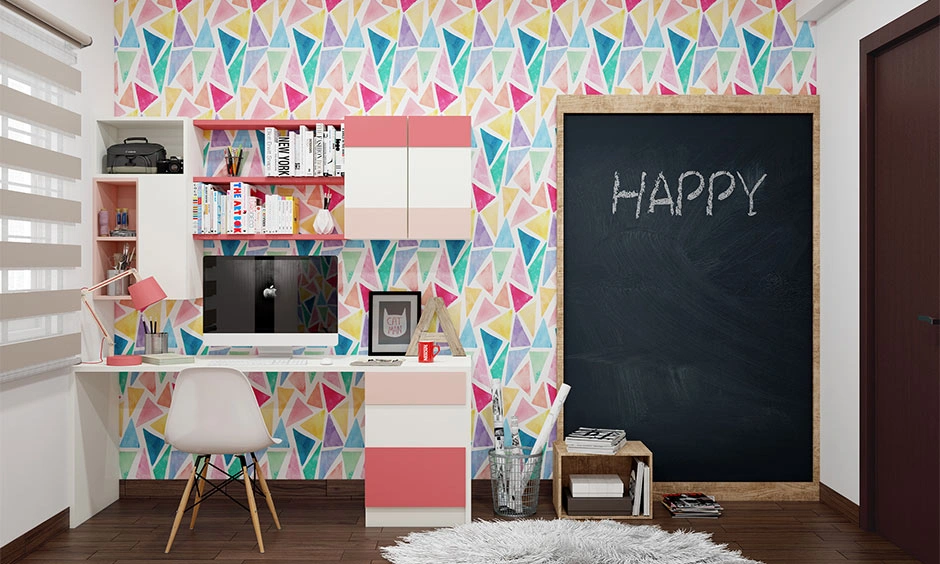Multicolour triangle wall design balancing a neutral-toned room.