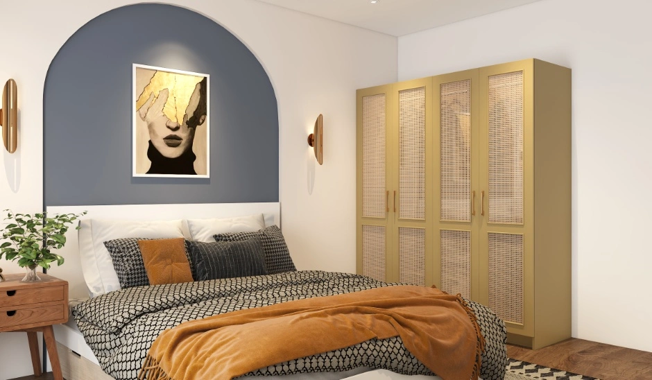 Delhi bedroom featuring cane wardrobe shutters, arched accent wall, and warm ambient lighting.