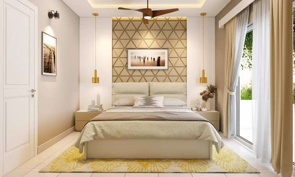 Contemporary Delhi bedroom with earthy colours and geometric wall panels.