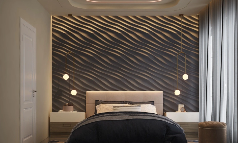Delhi bedroom with a wave-textured feature wall behind the bed.