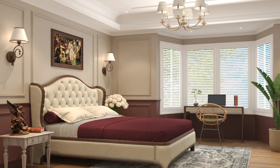 Luxury Delhi bedroom with textured fabrics, wall mouldings and warm accent colours.