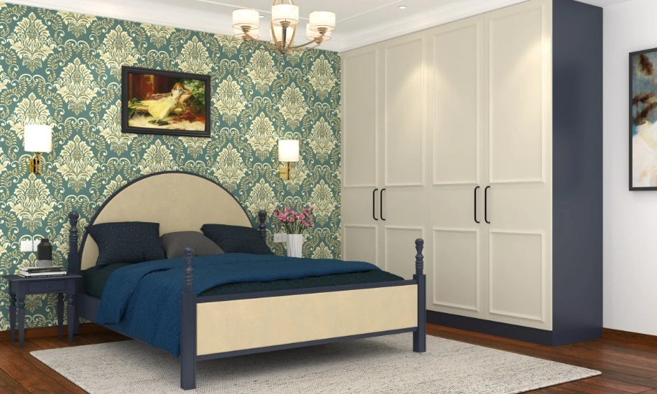 Luxury Delhi bedroom with curved headboard, patterned wallpaper and layered lighting.