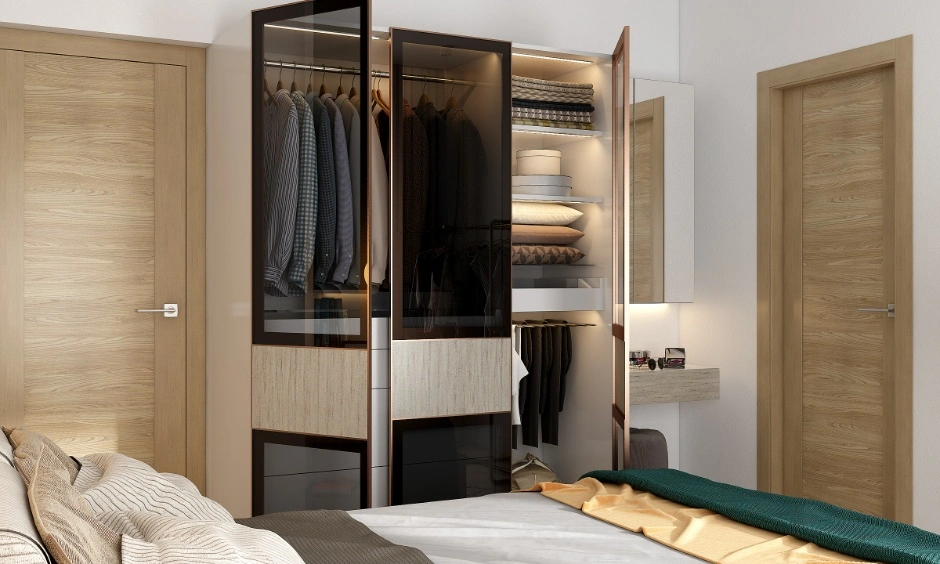 Warm minimalist Delhi bedroom with fluted wall panelling and floating side tables.