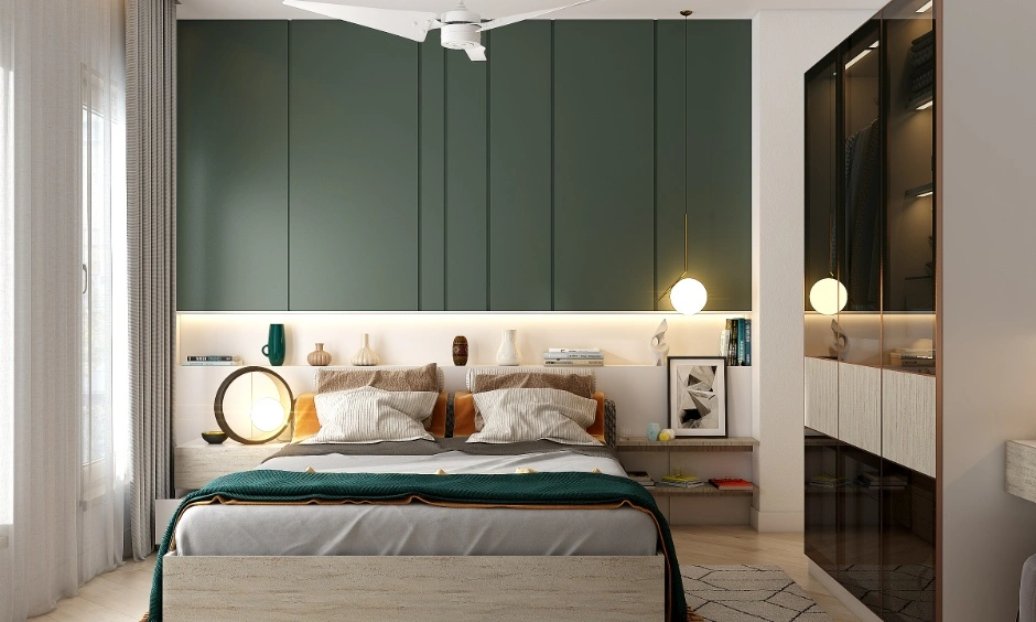 Delhi bedroom using a soft green wall instead of an all-white colour scheme.