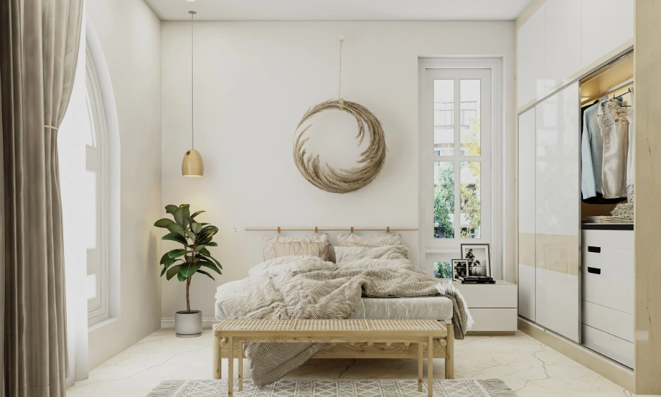 Small Delhi bedroom with indoor plants, cane furniture and natural light.