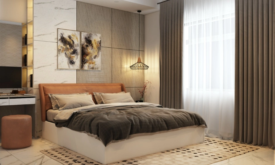 Delhi apartment bedroom with smart storage, textured wall panels and layered lighting.