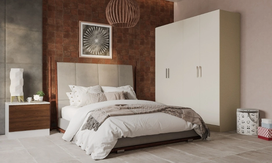 Delhi bedroom using natural materials such as terracotta wall tiles and stone flooring.