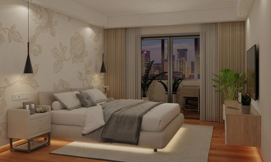 Modern Delhi bedroom showing built-in storage and layered lighting elements.