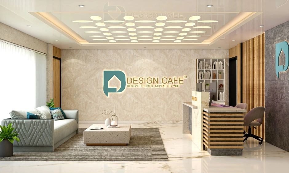 A backlit CNC ceiling panel creates a decorative focal point in the living room.