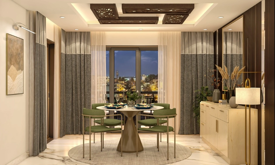 A CNC ceiling panel frames the dining area with decorative cutwork and soft lighting