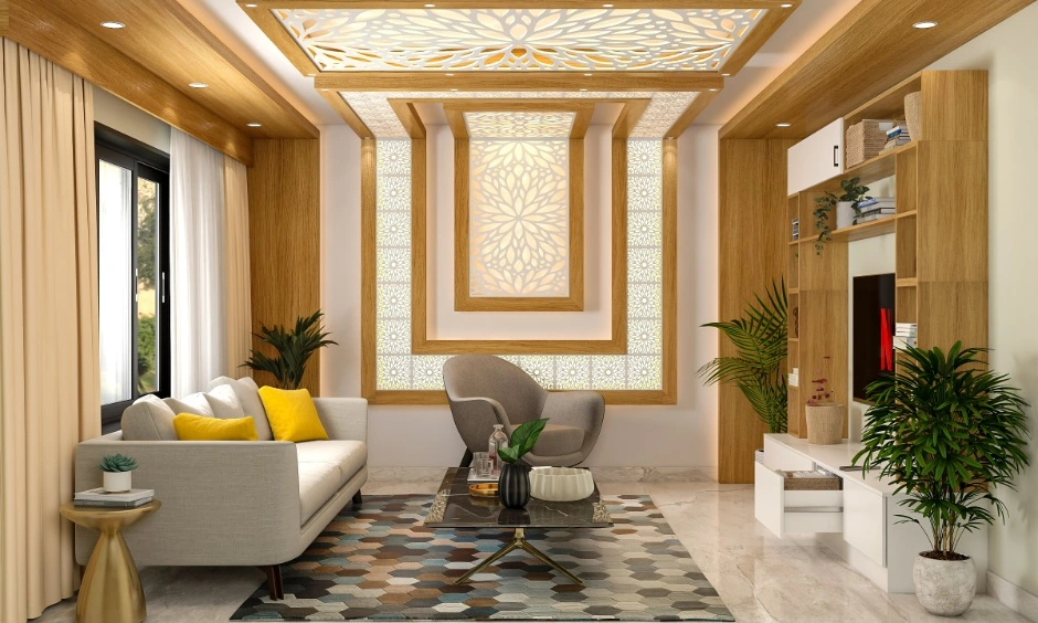A backlit CNC feature panel creates a focal point in the living room. 
