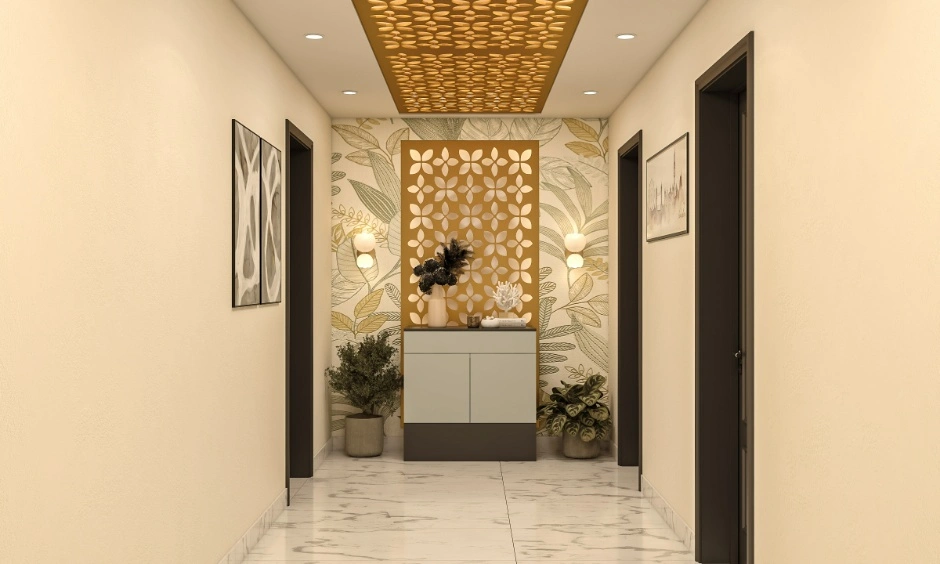 A linear CNC ceiling design adds detail to a narrow entryway without overwhelming it.