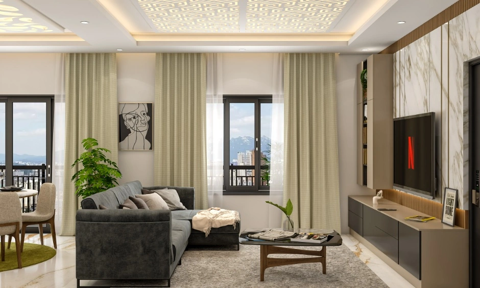 A geometric CNC ceiling paired with cove lighting creates a clean contemporary finish