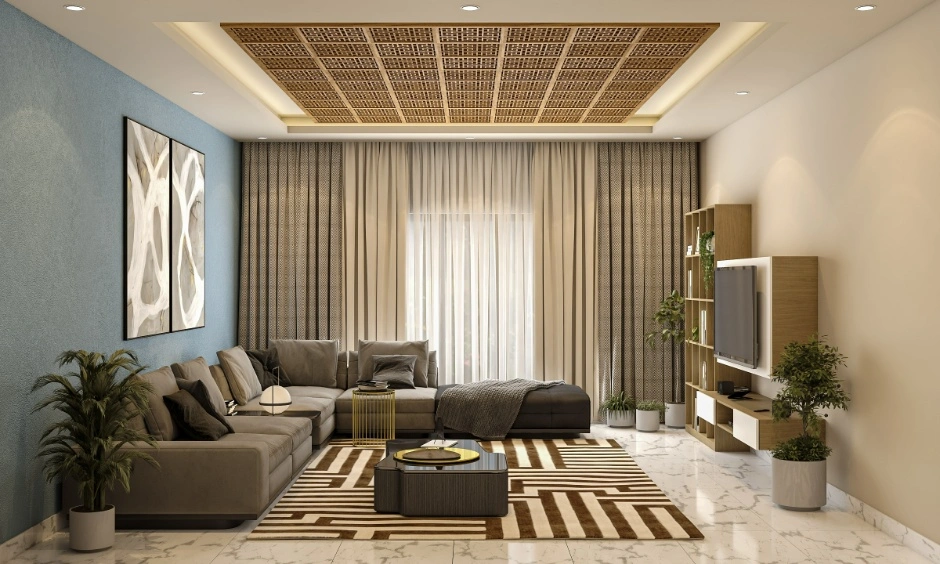 Wood-finish CNC panels add warmth while keeping the ceiling design visually light.