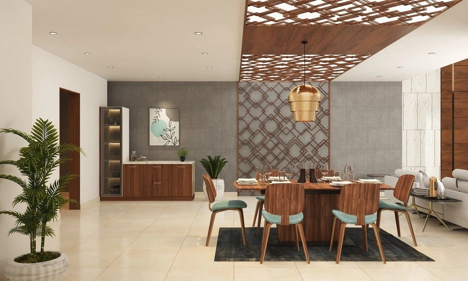 A CNC feature panel uses backlighting to create a focal point in the living room. 
