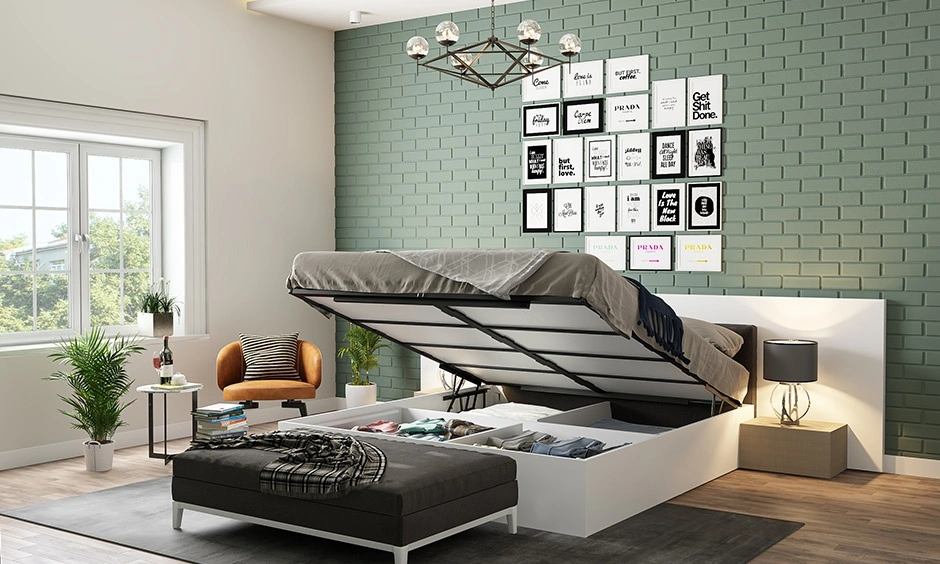 Lift-up storage keeps everyday clutter hidden beneath the bed.