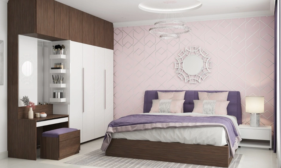 A slim ceiling detail adds focus without reducing the bedroom's room height.