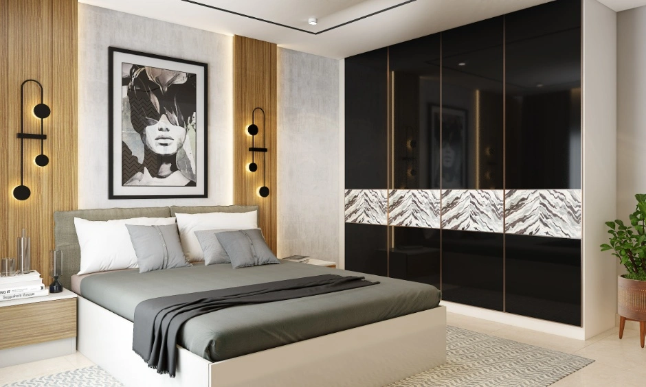 Layered lighting adds depth across the bedroom headboard and wardrobe wall.