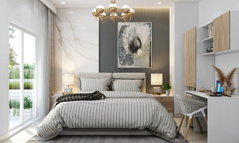 A layered bedroom wall design creates depth without crowding the room.