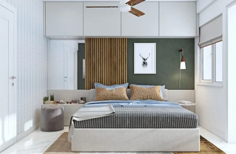 A contemporary bedroom features a wooden accent wall design