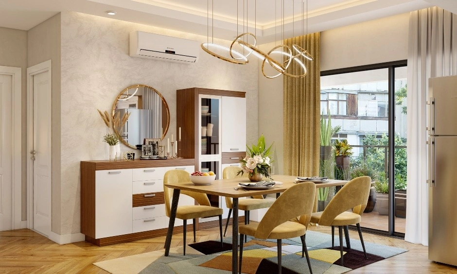 A modern dining room features warm luxury decor achieved with expert guidance.