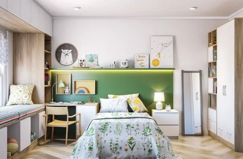 A compact bedroom features a bed with integrated storage and a bench for additional functionality.