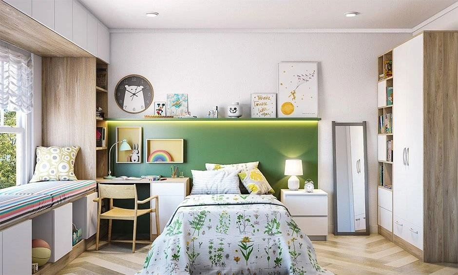 A compact bedroom features a bed with integrated storage and a bench for additional functionality.