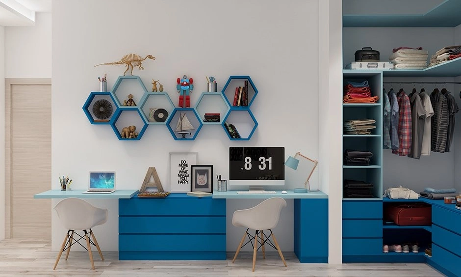 A bedroom combines a wooden wardrobe, open shelving and compact storage furniture