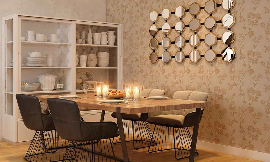 A dining room with a wooden table and storage unit illustrates the interior cost breakdown.