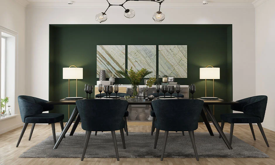 A dining room combines furniture, lighting and finishes that influence renovation costs.
